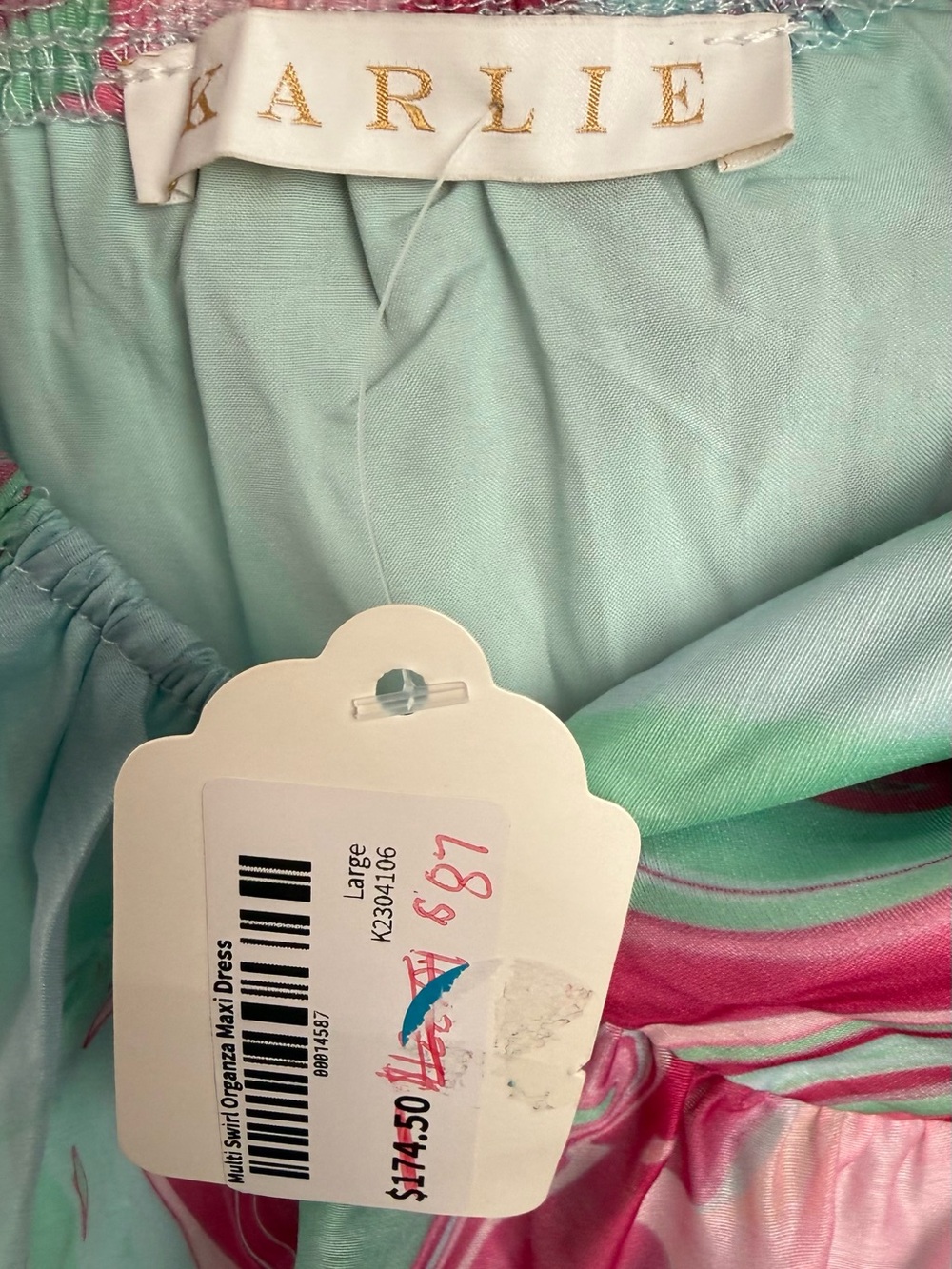 Karlie Aqua Pink Multi Swirl Organza Tiered Maxi Dress Ruffle Strap L NWT - Picture 7 of 8
